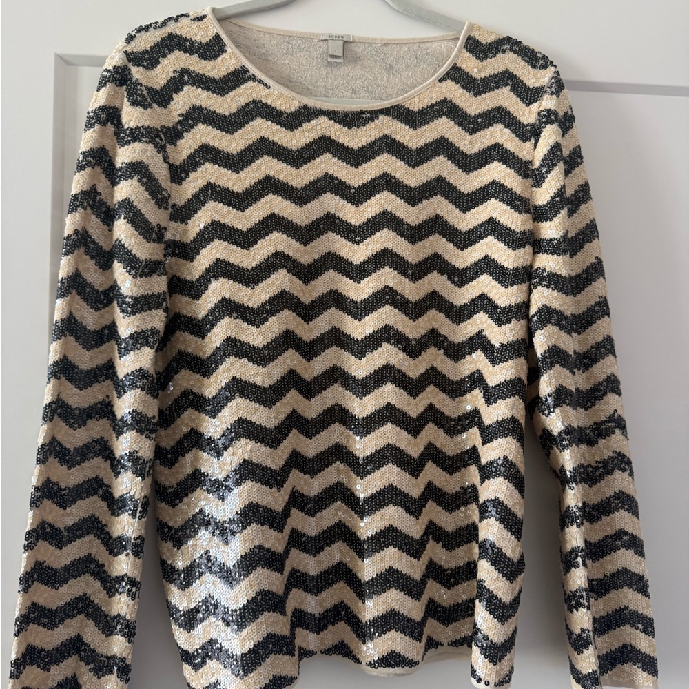 J. Crew Black and Cream Chevron Long Sleeve Top